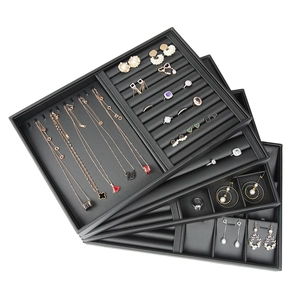 Black PU Leather Jewelry Display Tray Litchi Pattern Counter Organizer For Rings Necklaces Earrings Pendants Jewelry Storage