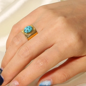 French vintage 18K gold stainless steel wide ribbed ring with oval turquoise stone