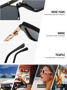 Detail view of square sunglasses with metal hinges and various outdoor lifestyle scenes