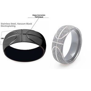 Detalle del anillo baloncesto 8mm de acero inoxidable con grabado y chapado negro