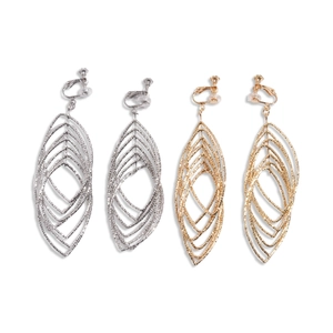 Textured gold and silver hollow leaf-shaped clip-on earrings with geometric layered design