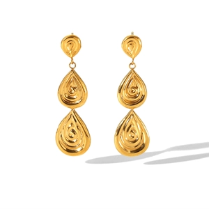 Three-tier 18K gold water drop earrings with textured relief and spiral design for women