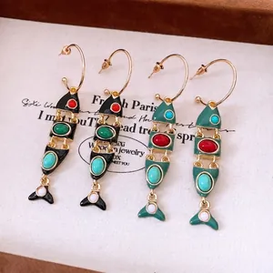 Vintage Jointed Fish Dangle Earrings Enamel Alloy With 925 Sterling Silver Earring Post Retro Bohemian Jewelry For Women