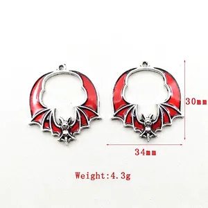 Halloween bat metal pendant with red enamel in silver zinc alloy for DIY jewelry