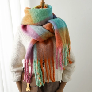 Cozy rainbow plaid scarf for women made of soft cashmere-like yarn with long tassels