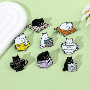 Set of 8 cute cartoon cat enamel pins featuring kittens reading and drinking coffee