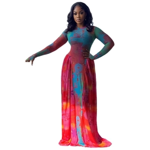 Retro abstract print long sleeve maxi dress with round neck and slim fit waistline