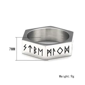 Nordic Viking rune ring in hexagonal titanium steel with silver finish and 7mm width