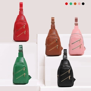 Women Sling Chest Bag PU Leather Lychee Texture Gold Zippers Multi Pockets Adjustable Strap Casual Travel Minimalist