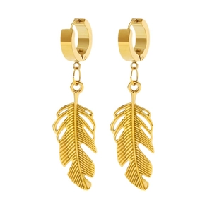 Elegant gold titanium steel hoop earrings featuring minimalist hollow leaf feather charms