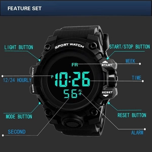 Diagram showing digital sports watch functions with backlit display and mode buttons