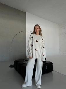 Maglione In Maglia Da Donna E Pantaloni A Gamba Larga Ricamo A Cuore Girocollo Oversize Manica Lunga Loungewear Autunno Inverno