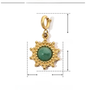 Detail showing dimensions of green natural stone sun pendant in gold stainless steel