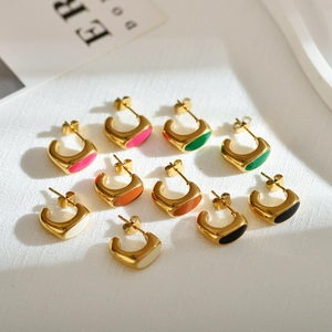 Geometric Stainless Steel C-Shape Stud Earrings Minimalist Colorful Enamel Drip Oil Earrings For Women Fashion Jewelry