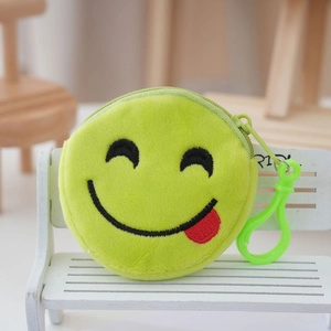 Close-up of lime green plush coin purse with smiling emoji embroidery and plastic hook