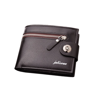 Classic black short wallet with lychee pattern leather and metal zipper closure