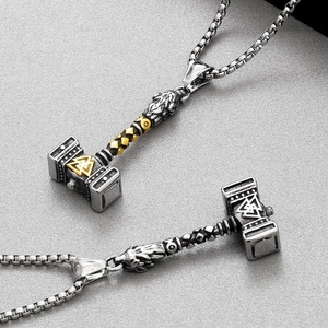 Vintage Thor's Hammer Mjolnir pendant in silver and gold tone stainless steel necklace