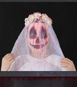 Close-up of Halloween ghost bride headband with bloody veil, roses and skull mask details