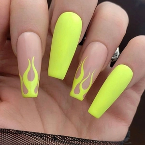 Matte neon yellow flame pattern long coffin press-on nails with nude color blocking