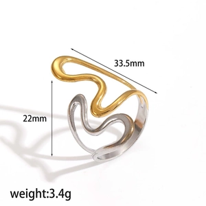 Irregular geometric stainless steel two-tone cross ring with size and weight measurements