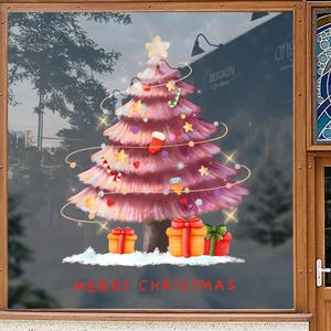 Adesivo finestra albero di Natale rosa con decorazioni a stella e pacchi regalo