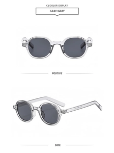 Detail view of oval grey sunglasses showing front and side profiles in a C2 colorway