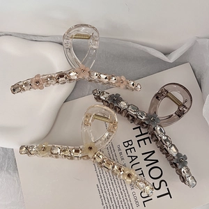 Large Hair Claw Clip Acrylic Rhinestone Crystal Flower Decor Korean Elegant Shark Hairpin Accessories Women