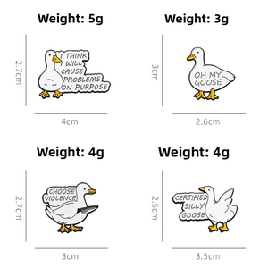 Set of four funny white duck enamel pins featuring quirky quotes and sharp details