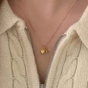 Elegant gold heart and key double pendant necklace on 925 sterling silver chain