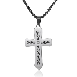 Mens silver titanium steel cross necklace with black texture and center zircon stone