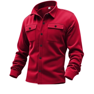 Detail of red fleece-lined jacket with utility chest pockets and black buttons
