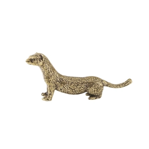 Antique brass long-tail lynx statue with detailed realistic fur texture on white background