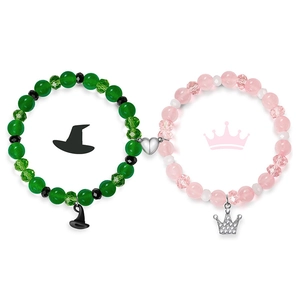 Magnetic Heart Couple Bracelets Green Agate Pink Crystal Beaded Jewelry With Wizard Hat And Crown Charm Friendship
