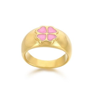 Polished 10mm wide gold titanium ring with pink enamel heart clover design