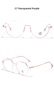 Detail of transparent purple TR90 glasses frame with slim rose gold metal temples