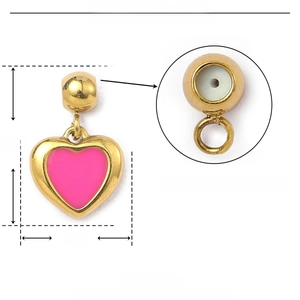 Detail of pink enamel heart pendant with dimensions and rubber stopper feature