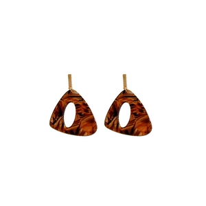 Vintage geometric tortoiseshell resin triangle earrings with gold studs and cut-out design