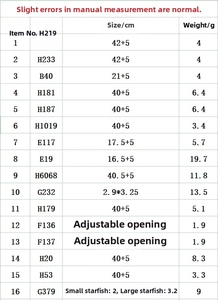 Detailed chart showing size and weight specs for stainless steel starfish shell jewelry