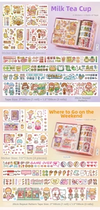 Detailed view of DIY craft gift box showing washi tape rolls and cute cartoon stickers
