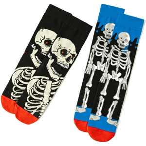 Skull patterned Halloween crew socks in black and blue with orange toe accents