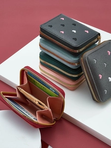 Women's multi-color PU leather card wallet with heart embroidery and gold zipper