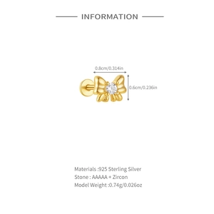 Detail of 925 silver golden bow stud earring with AAA zircon and sizing information