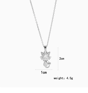 Detail view showing cat pendant dimensions 2cm by 1cm with clear zircon and silver chain