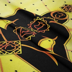 Close-up of bohemian mandala tapestry featuring om symbol and soft plush velvet texture