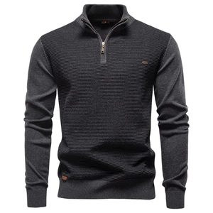 Pull en maille gris foncé pour hommes avec demi-zip et col montant à texture gaufrée