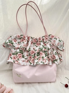 Borsa tote rosa vintage con volant floreali e stampa di rose da donna