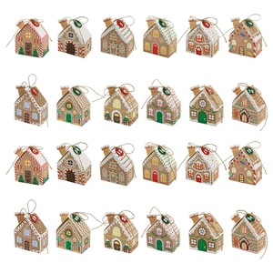 Gingerbread House Christmas Advent Calendar Gift Boxes Set 24 Pieces DIY Paper Candy Packaging Boxes With Numbers Hemp Rope