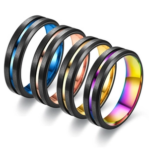 Detail showing titanium steel rings with brushed black finish and colorful inner grooves