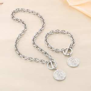 Silver Saint Christopher pendant necklace and bracelet set with T-bar clasp on silk