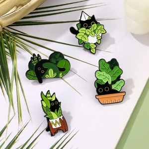 Set of 4 cute black cat and green plant enamel pins made of zinc alloy for bags